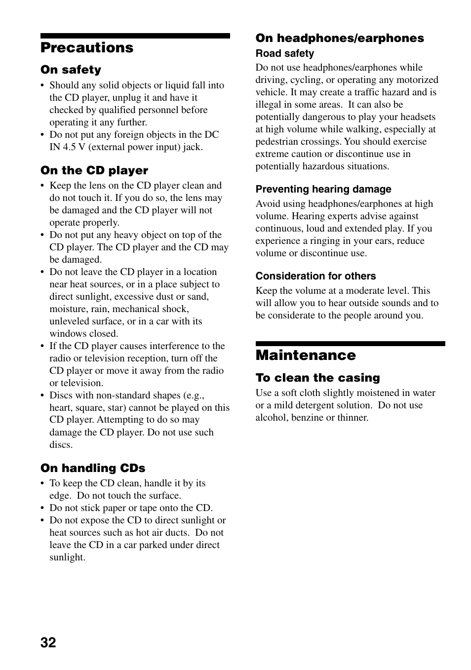 Precautions, Maintenance, 32 precautions | Sony Atrac3/MP3 CD Walkman D-NE306CK User Manual | Page 32 / 40
