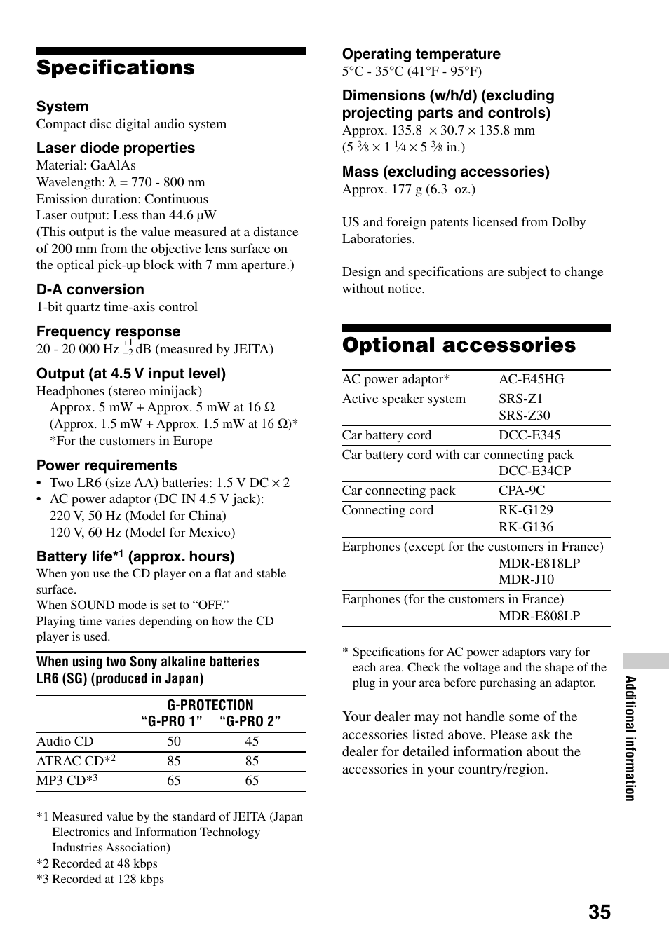 Specifications, Optional accessories | Sony Atrac3/MP3 CD Walkman D-NE306CK User Manual | Page 35 / 40