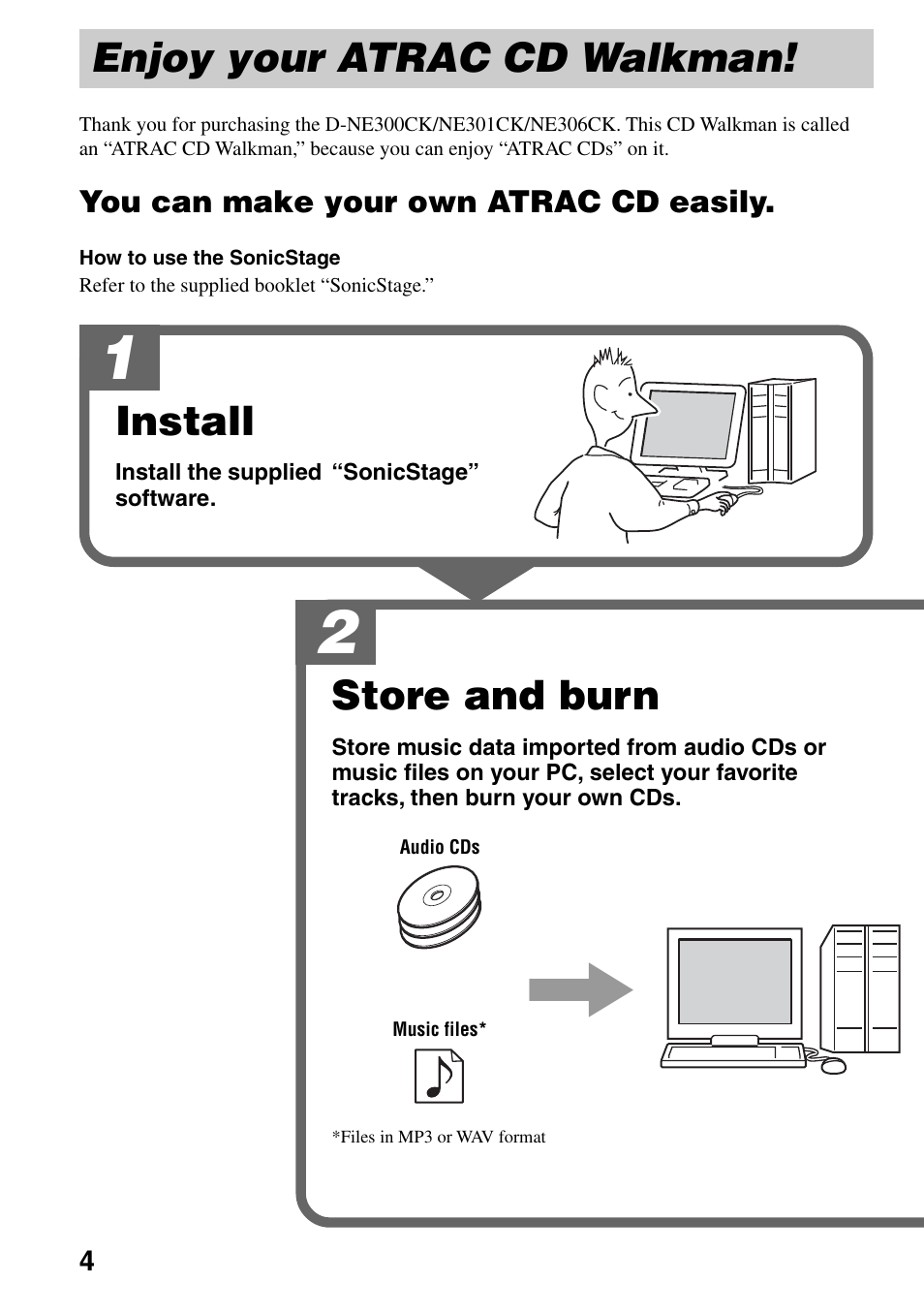Enjoy your atrac cd walkman, Store and burn, Install | Sony Atrac3/MP3 CD Walkman D-NE306CK User Manual | Page 4 / 40