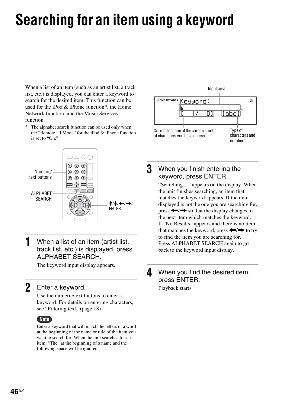 Searching for an item using a keyword, E 46 | Sony NAC-SV10I User Manual | Page 46 / 92