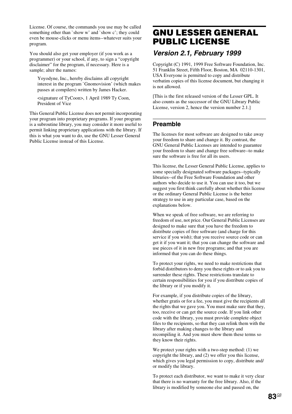 Gnu lesser general public license | Sony NAC-SV10I User Manual | Page 83 / 92