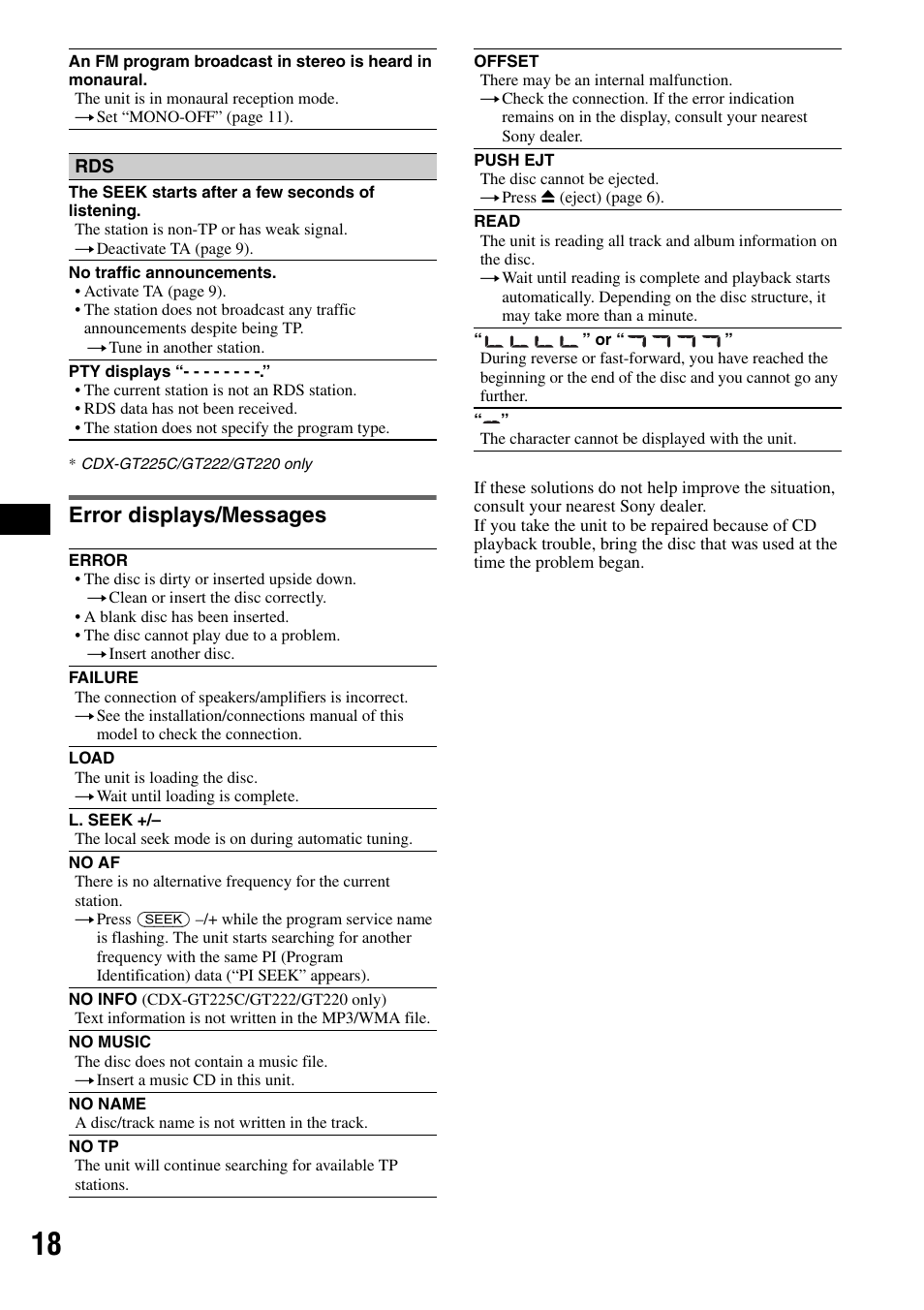 Error displays/messages | Sony CDX-GT225C User Manual | Page 18 / 100