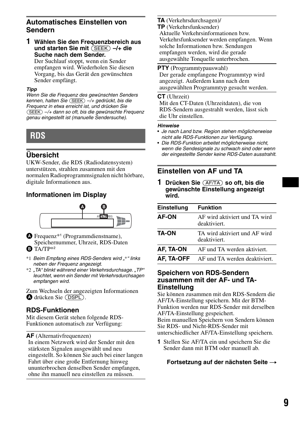 Automatisches einstellen von sendern, Übersicht, Einstellen von af und ta | Übersicht einstellen von af und ta | Sony CDX-GT225C User Manual | Page 27 / 100
