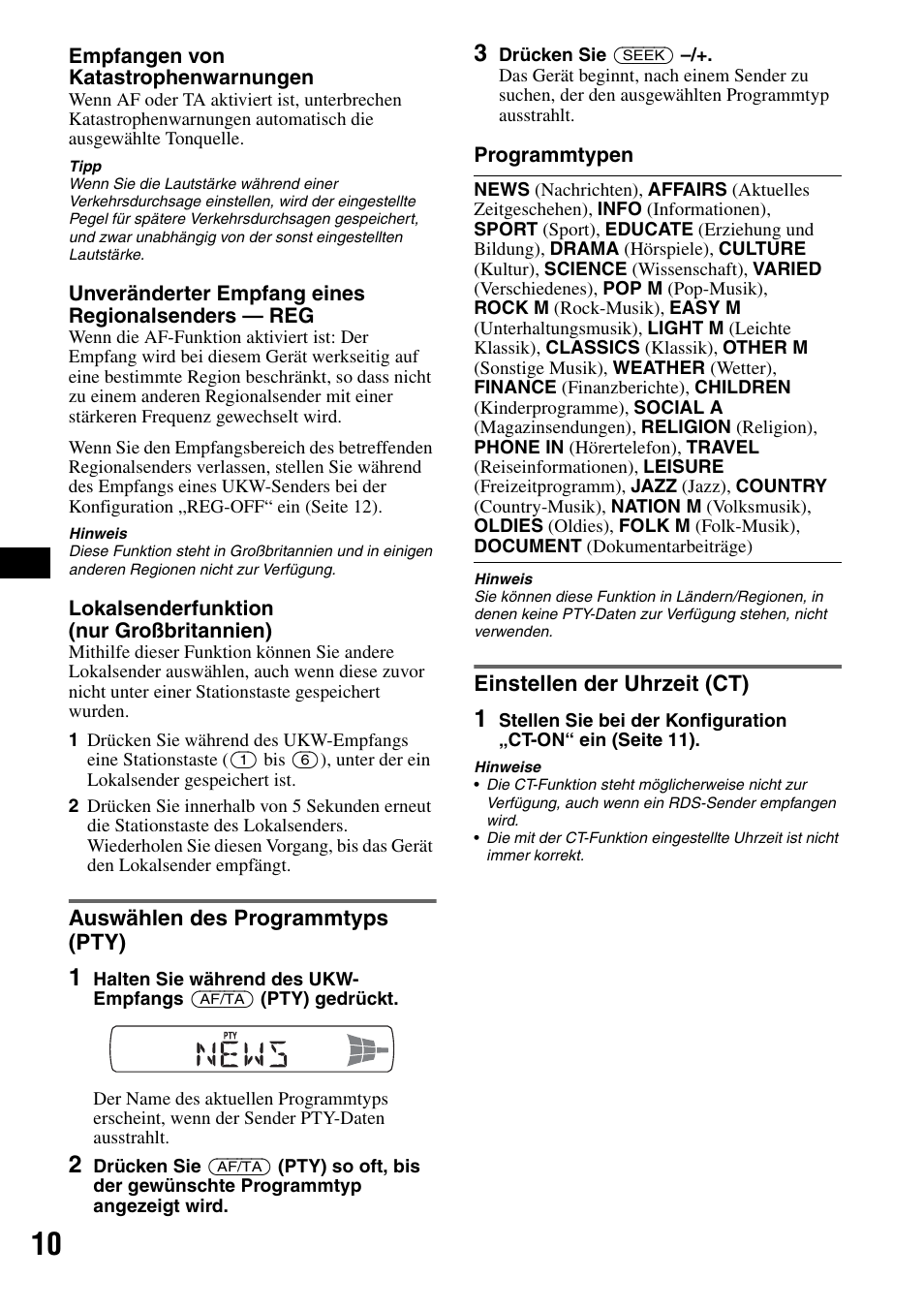 Auswählen des programmtyps (pty), Einstellen der uhrzeit (ct), Seite 10 | Sony CDX-GT225C User Manual | Page 28 / 100
