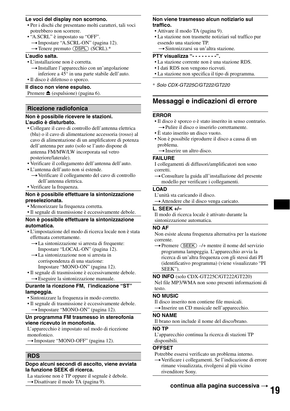 Messaggi e indicazioni di errore | Sony CDX-GT225C User Manual | Page 77 / 100