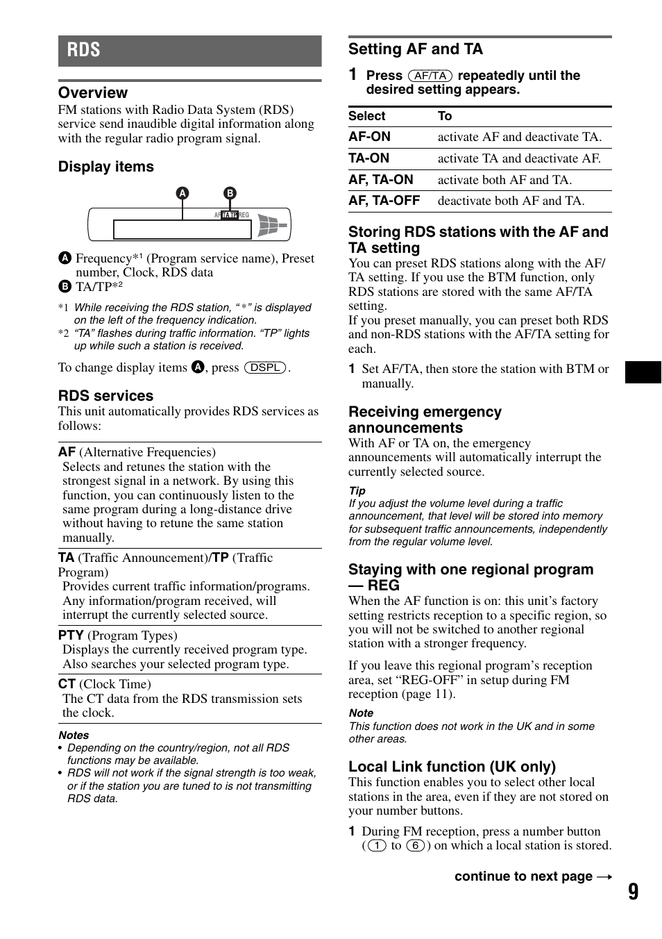 Overview, Setting af and ta, Overview setting af and ta | Sony CDX-GT225C User Manual | Page 9 / 100