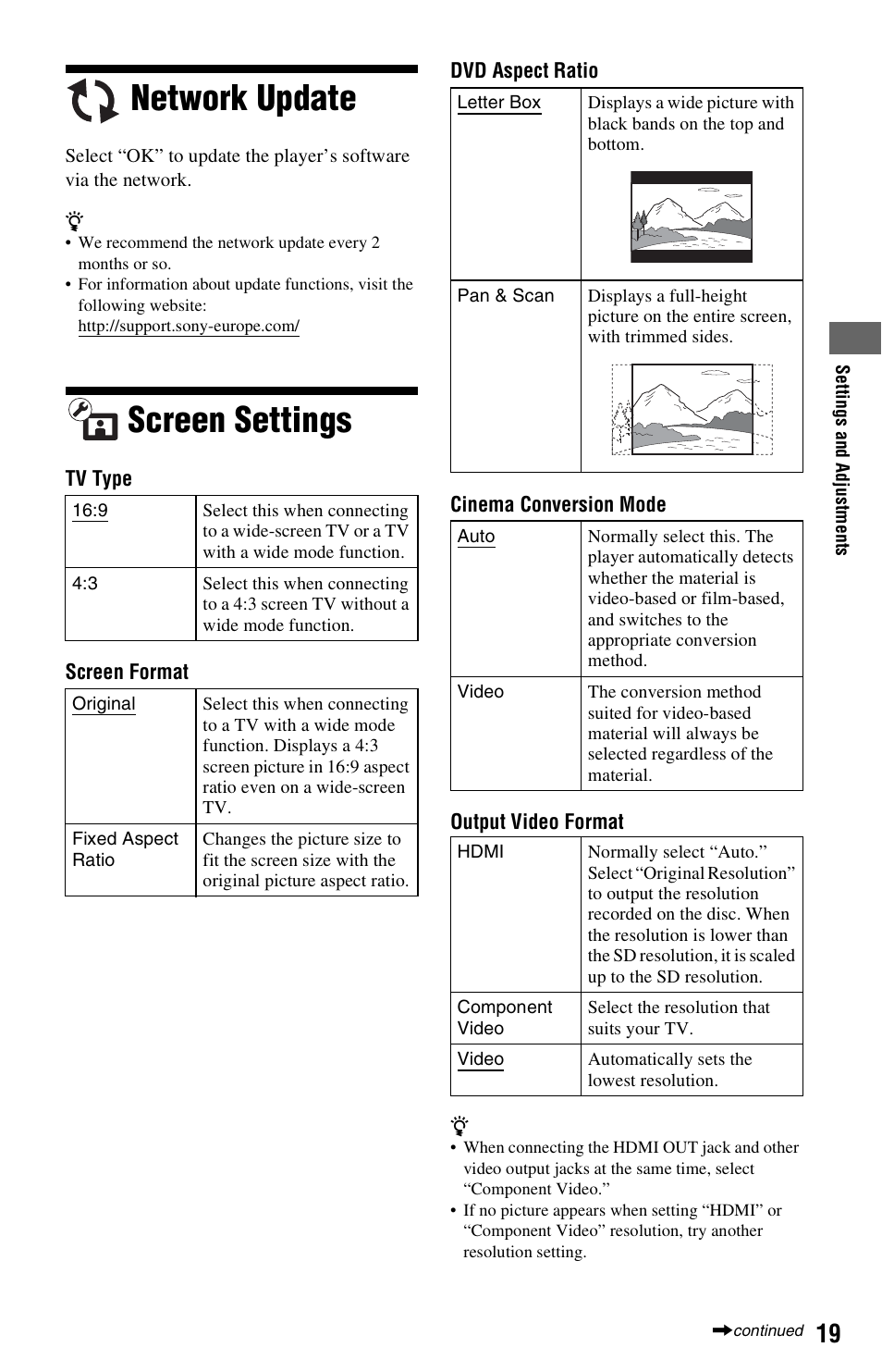 Network update, Screen settings, Network update screen settings | Sony 4-169-142-13(1) User Manual | Page 19 / 35