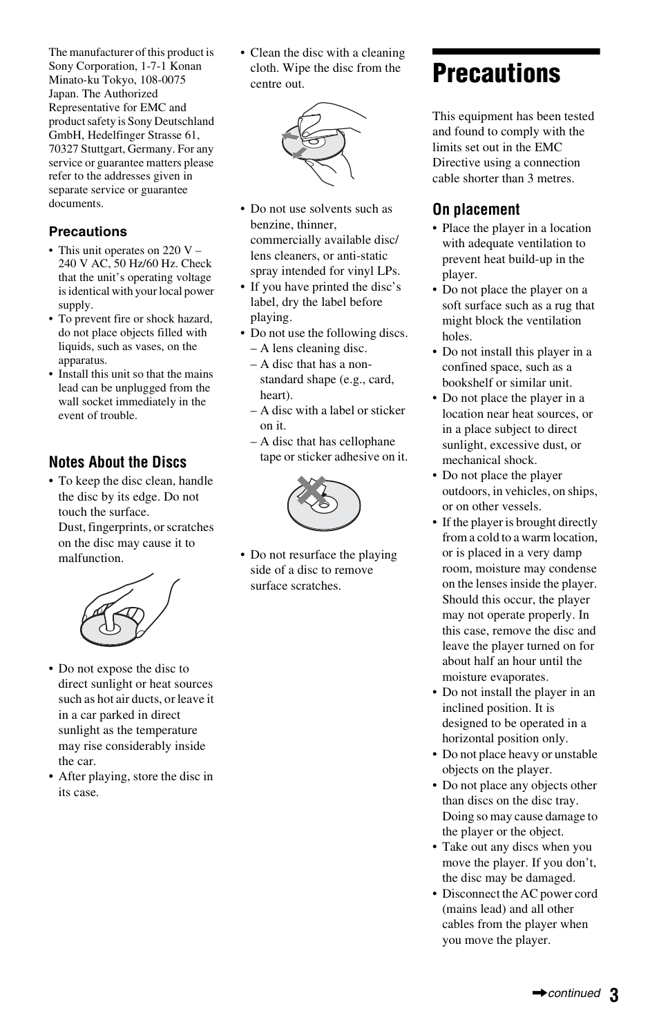 Precautions, On placement | Sony 4-169-142-13(1) User Manual | Page 3 / 35