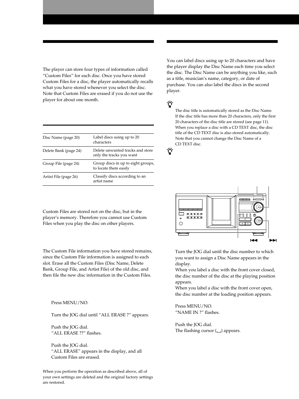 What you can do with the custom files, Labeling discs (disc name), Storing information about cds (custom files) | You can store this information, Where are custom files stored, If you replace discs with custom files, Erasing all custom files of all discs 1, Labeling discs on the player 1 | Sony CDP-M333ES User Manual | Page 20 / 36