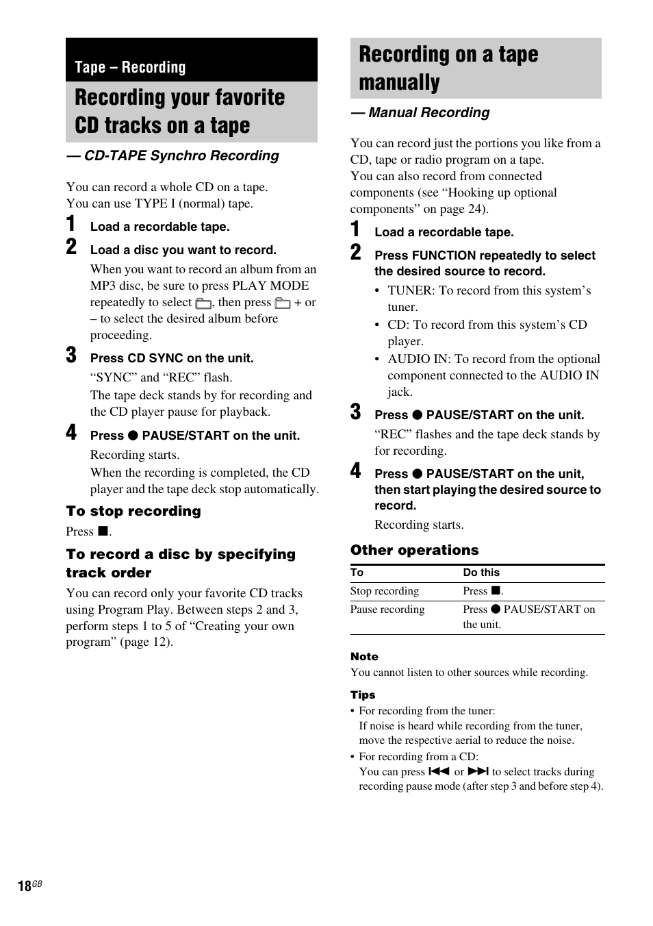 Recording your favorite cd tracks on a tape, Cd-tape synchro recording, Recording on a tape manually | Manual recording, Tape – recording, Recording your favorite cd tracks on a, Tape — cd-tape synchro recording | Sony CMT-NEZ7DAB User Manual | Page 18 / 36