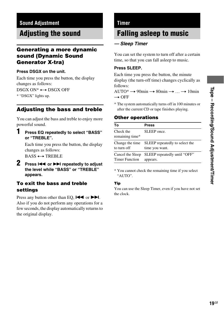 Sound adjustment, Adjusting the sound, Timer | Falling asleep to music, Sleep timer | Sony CMT-NEZ7DAB User Manual | Page 19 / 36