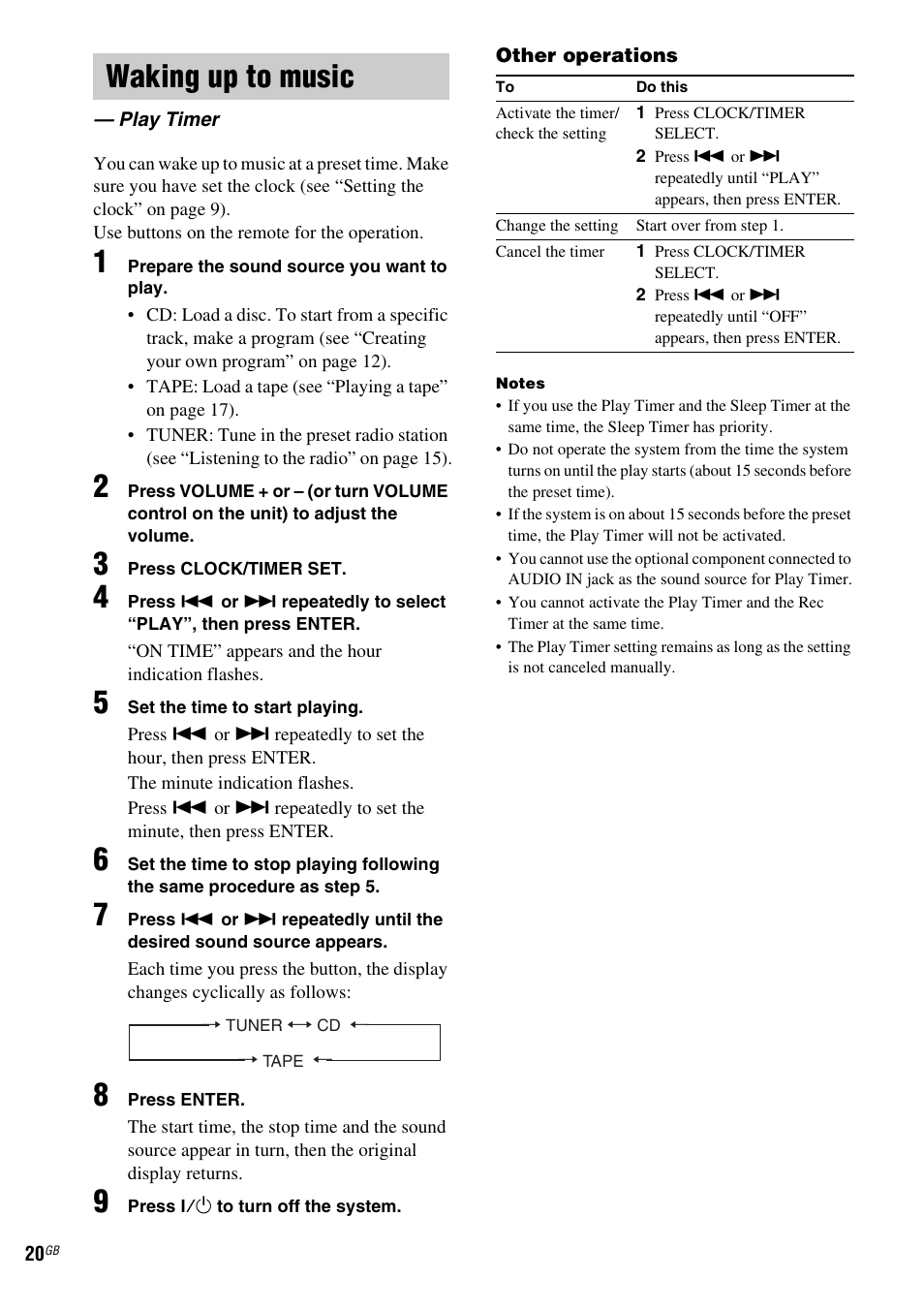 Waking up to music, Play timer | Sony CMT-NEZ7DAB User Manual | Page 20 / 36