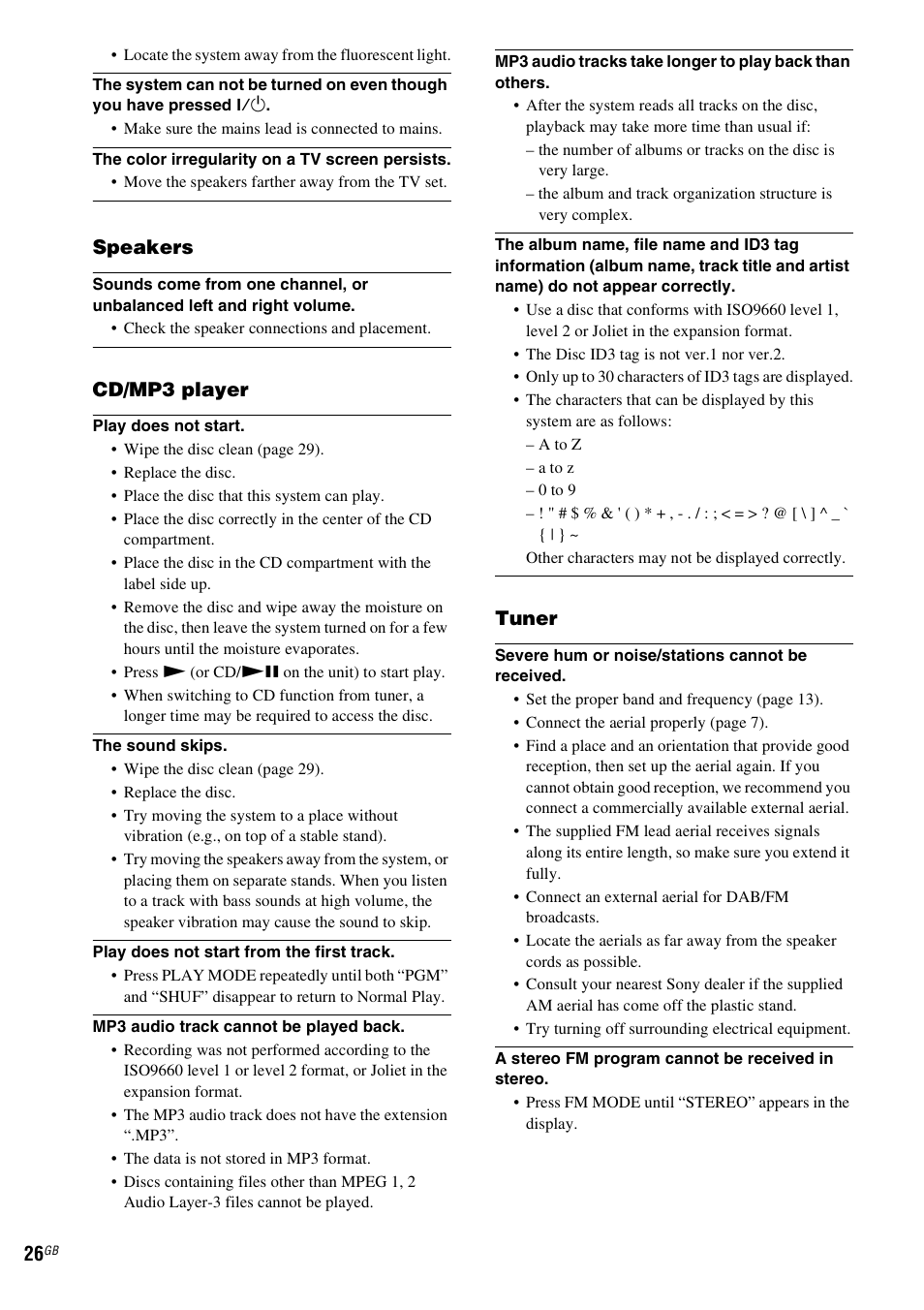 Speakers, Cd/mp3 player, Tuner | Sony CMT-NEZ7DAB User Manual | Page 26 / 36