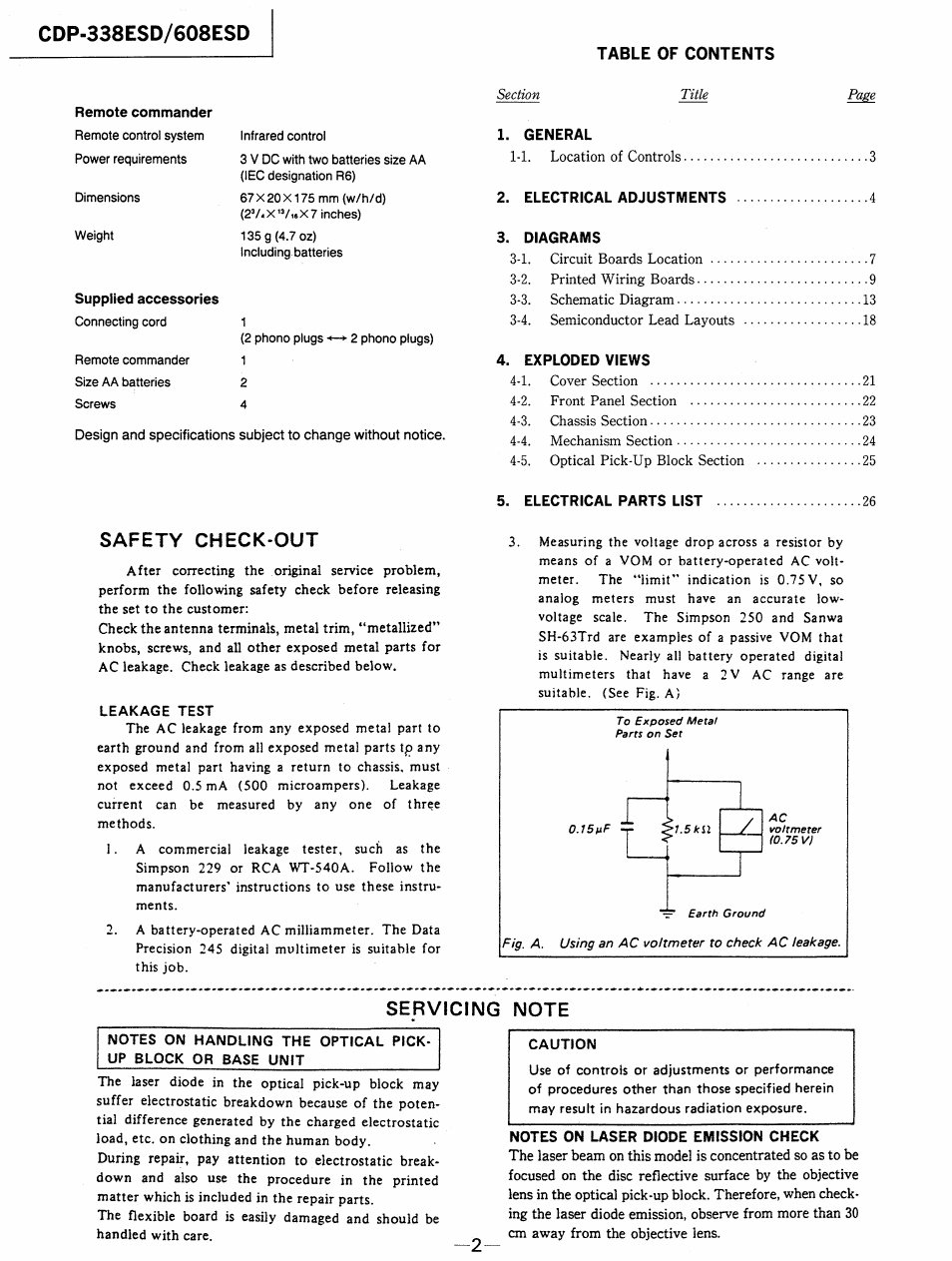 Safety check-out, Servicing note | Sony cdp 338esd User Manual | Page 2 / 20