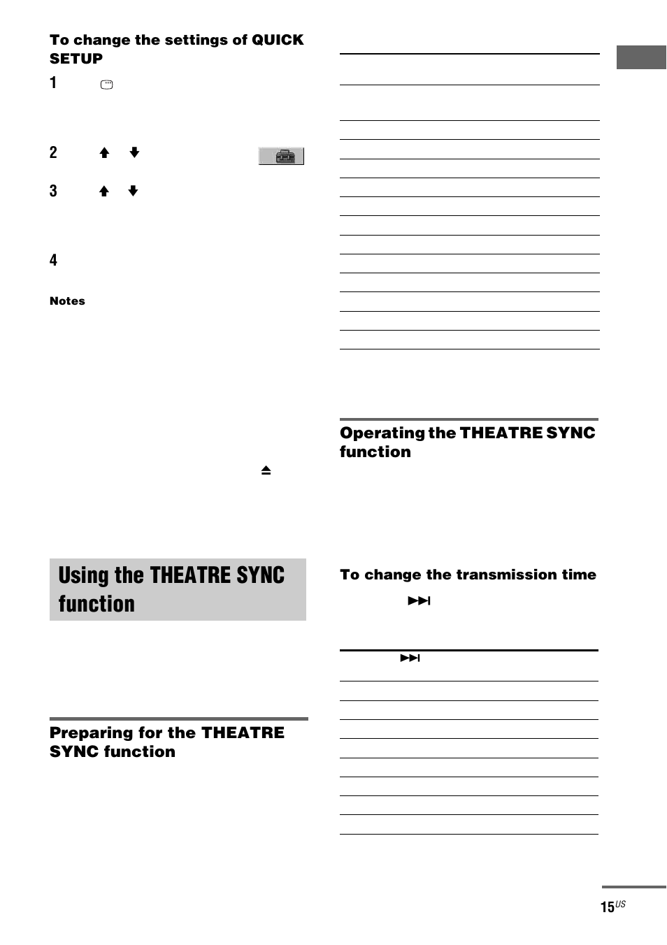 Using the theatre sync function, Using the theatre sync, Function | Preparing for the theatre sync function, Operating the theatre sync function | Sony FST-ZX100D User Manual | Page 15 / 96