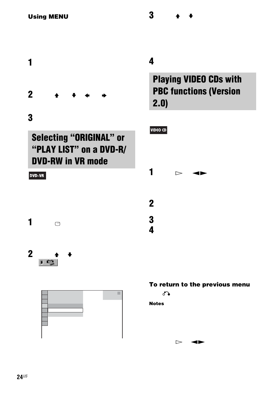Playing video cds with pbc functions (version 2.0), Pbc playback, Selecting “original” or | Play list” on a dvd-r/ dvd-rw in vr mode, Playing video cds with pbc, Functions (version 2.0) — pbc playback | Sony FST-ZX100D User Manual | Page 24 / 96
