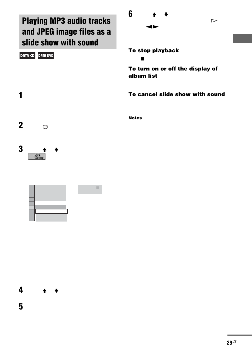 Playing mp3 audio tracks and jpeg, Image files as a slide show with sound | Sony FST-ZX100D User Manual | Page 29 / 96