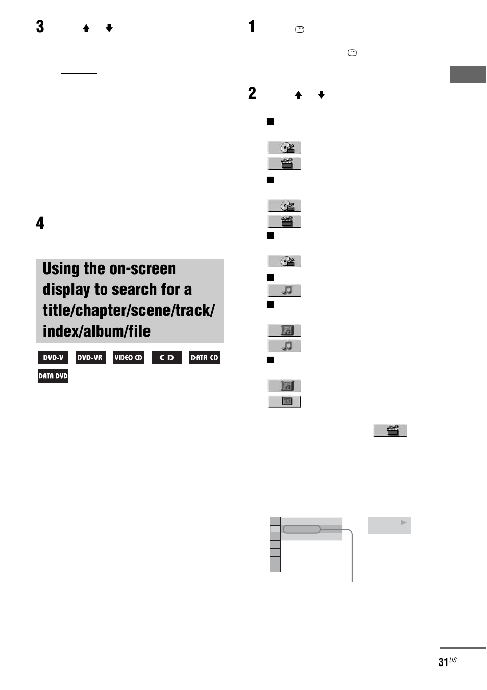 Using the on-screen display to search, For a title/chapter/scene/track/ index/album/file | Sony FST-ZX100D User Manual | Page 31 / 96