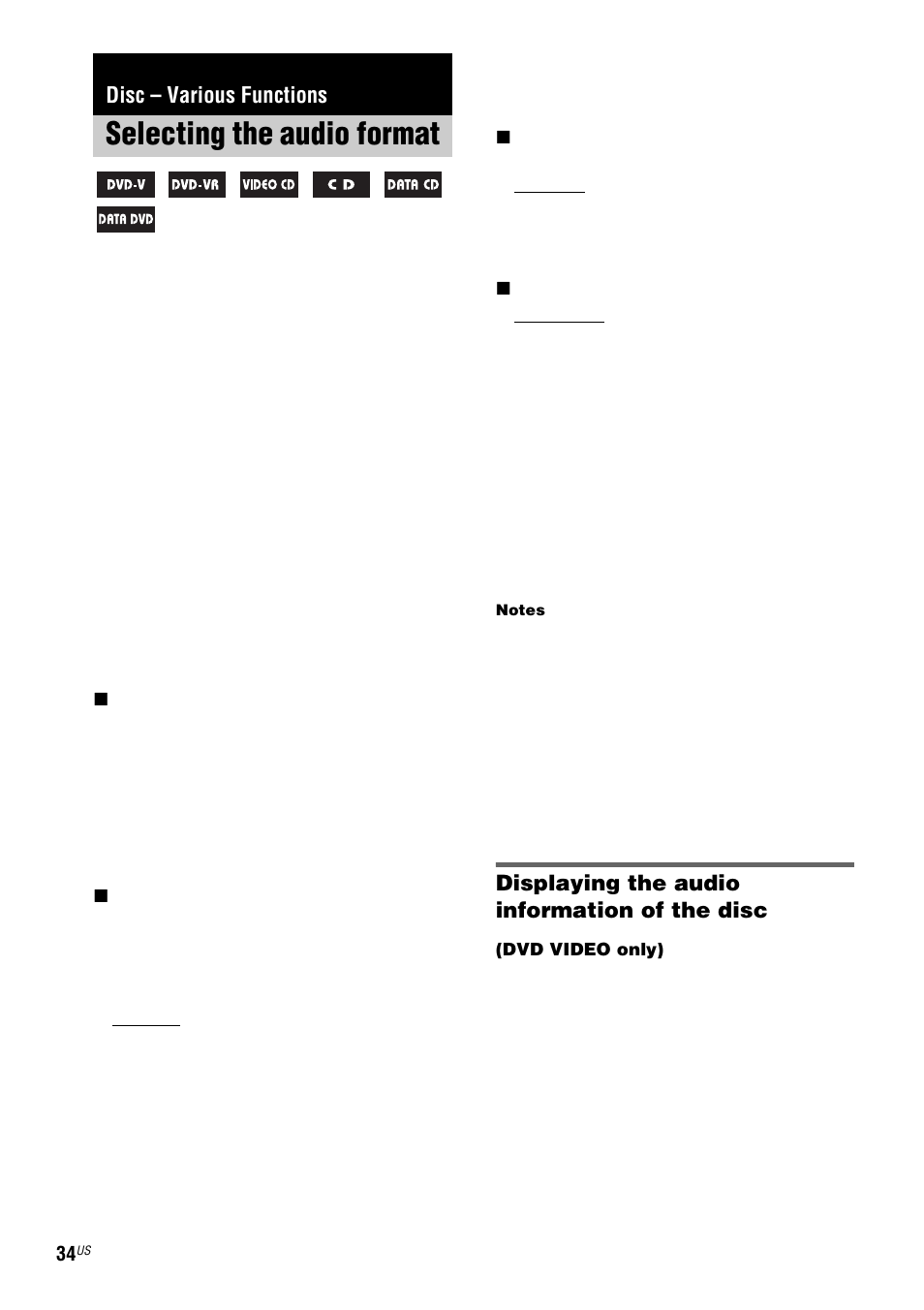 Disc – various functions, Selecting the audio format, Displaying the audio information of the disc | Sony FST-ZX100D User Manual | Page 34 / 96