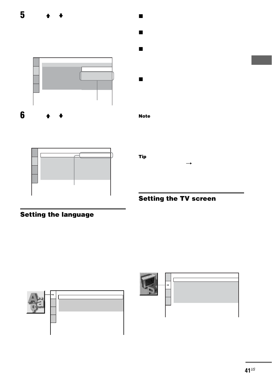 Setting the language, Setting the tv screen, Di sc – v a ri ous fun ctio ns 41 | Language setup, Screen setup | Sony FST-ZX100D User Manual | Page 41 / 96