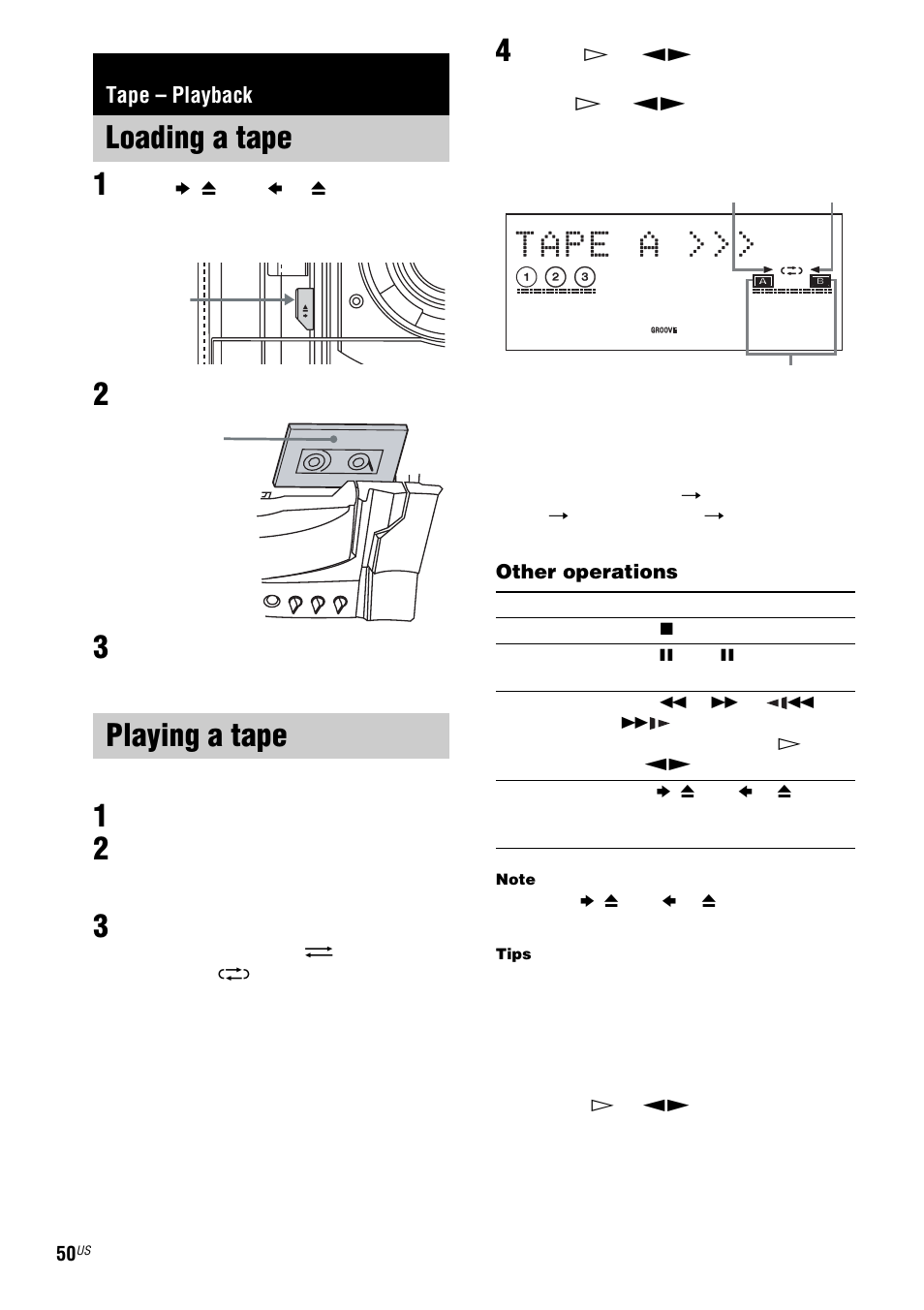 Tape – playback, Loading a tape, Playing a tape | Loading a tape playing a tape | Sony FST-ZX100D User Manual | Page 50 / 96