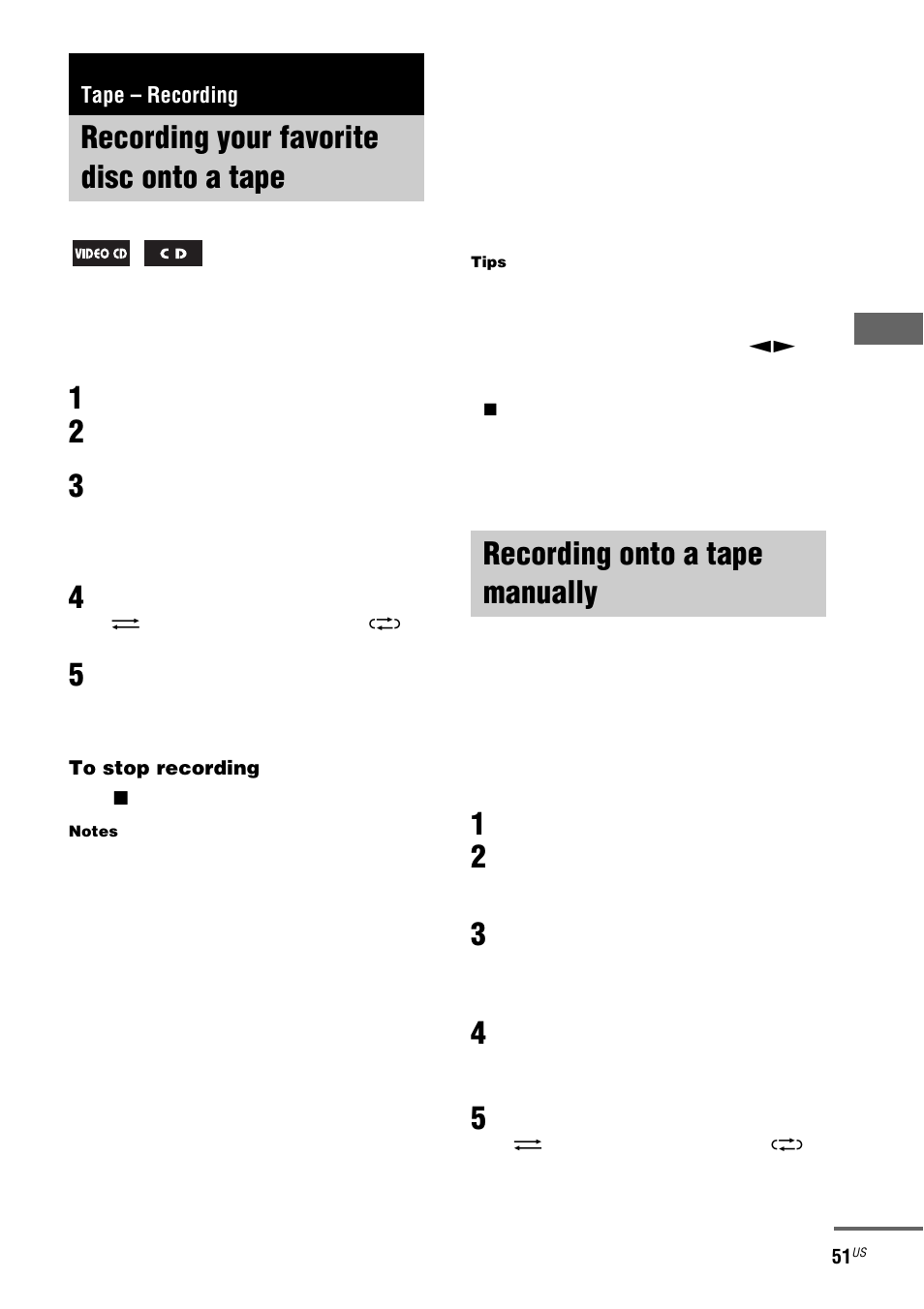 Tape – recording, Recording your favorite disc onto a tape, Cd synchro recording | Recording onto a tape manually, Manual recording, Recording your favorite disc onto, A tape — cd synchro recording | Sony FST-ZX100D User Manual | Page 51 / 96