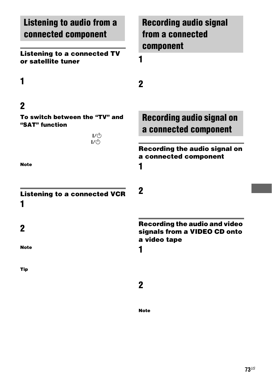 Listening to audio from a connected component, Recording audio signal from a connected component, Recording audio signal on a connected component | Listening to audio from a connected, Component, Recording audio signal from a, Connected component, Recording audio signal on a | Sony FST-ZX100D User Manual | Page 73 / 96