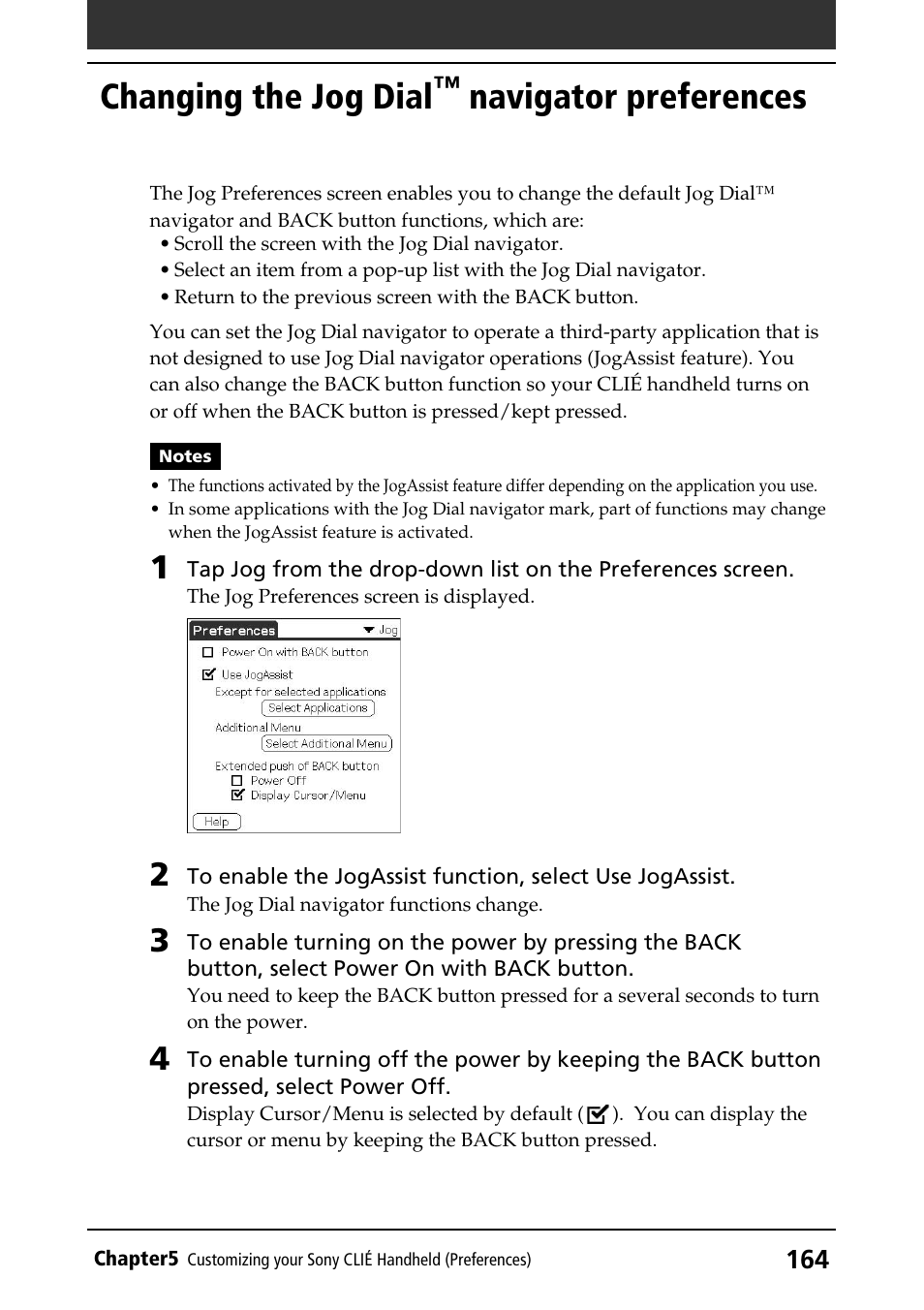 Changing the jog dial™ navigator preferences, Changing the jog dial, Navigator | Preferences, Navigator preferences | Sony CLIE PEG-NR70V/U User Manual | Page 164 / 224