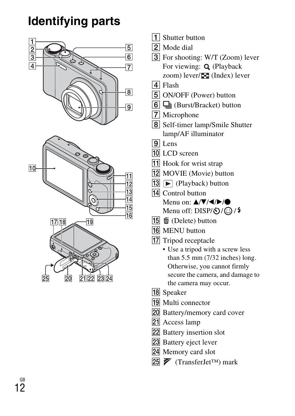 Identifying parts | Sony CYBER-SHOT DSC-HX5/HX5V User Manual | Page 12 / 60