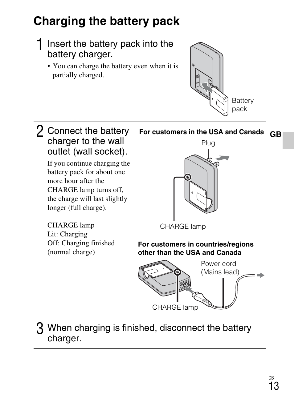 Charging the battery pack | Sony CYBER-SHOT DSC-HX5/HX5V User Manual | Page 13 / 60
