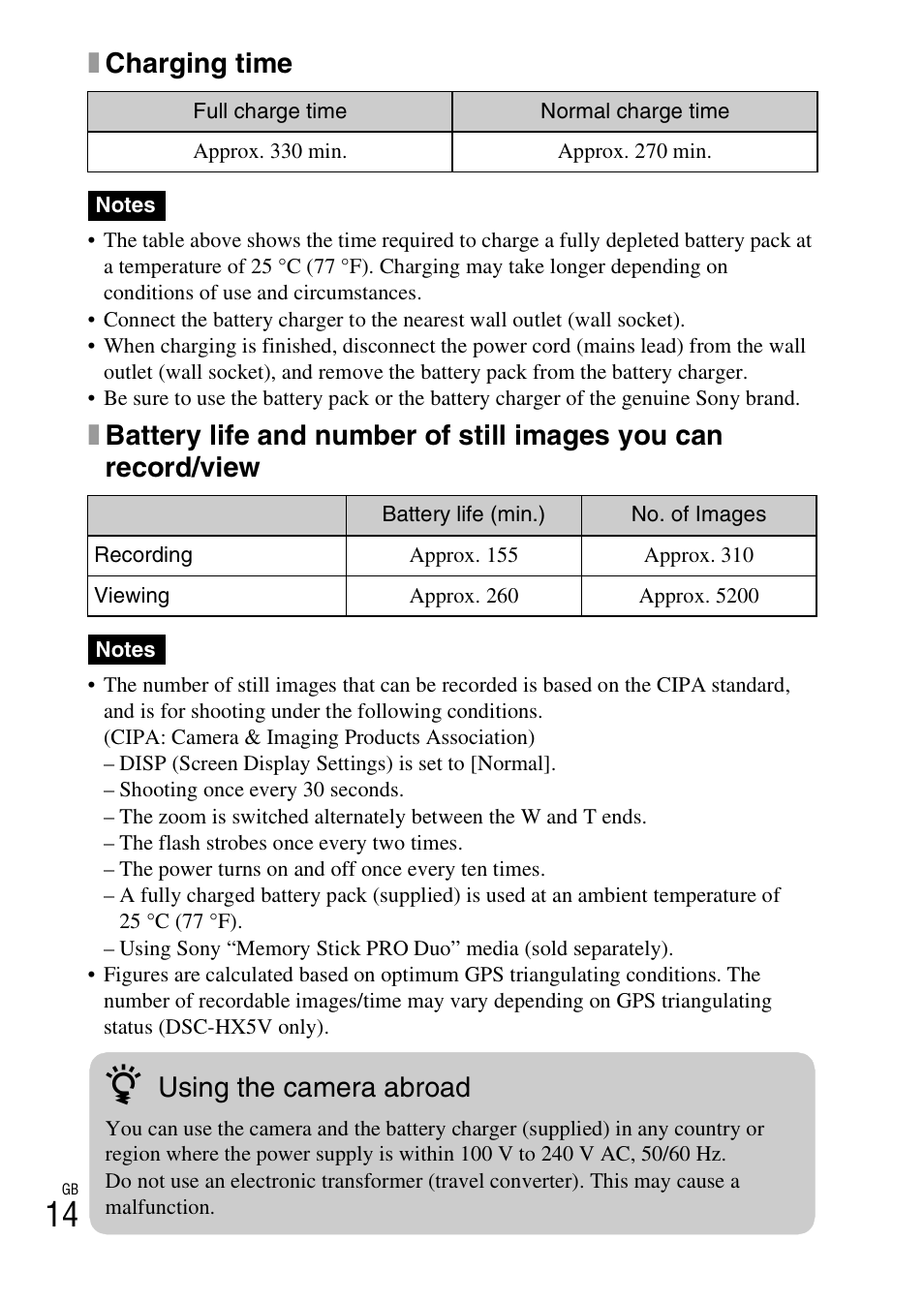 Xcharging time, Using the camera abroad | Sony CYBER-SHOT DSC-HX5/HX5V User Manual | Page 14 / 60