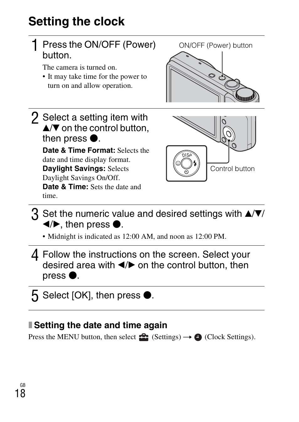 Setting the clock | Sony CYBER-SHOT DSC-HX5/HX5V User Manual | Page 18 / 60