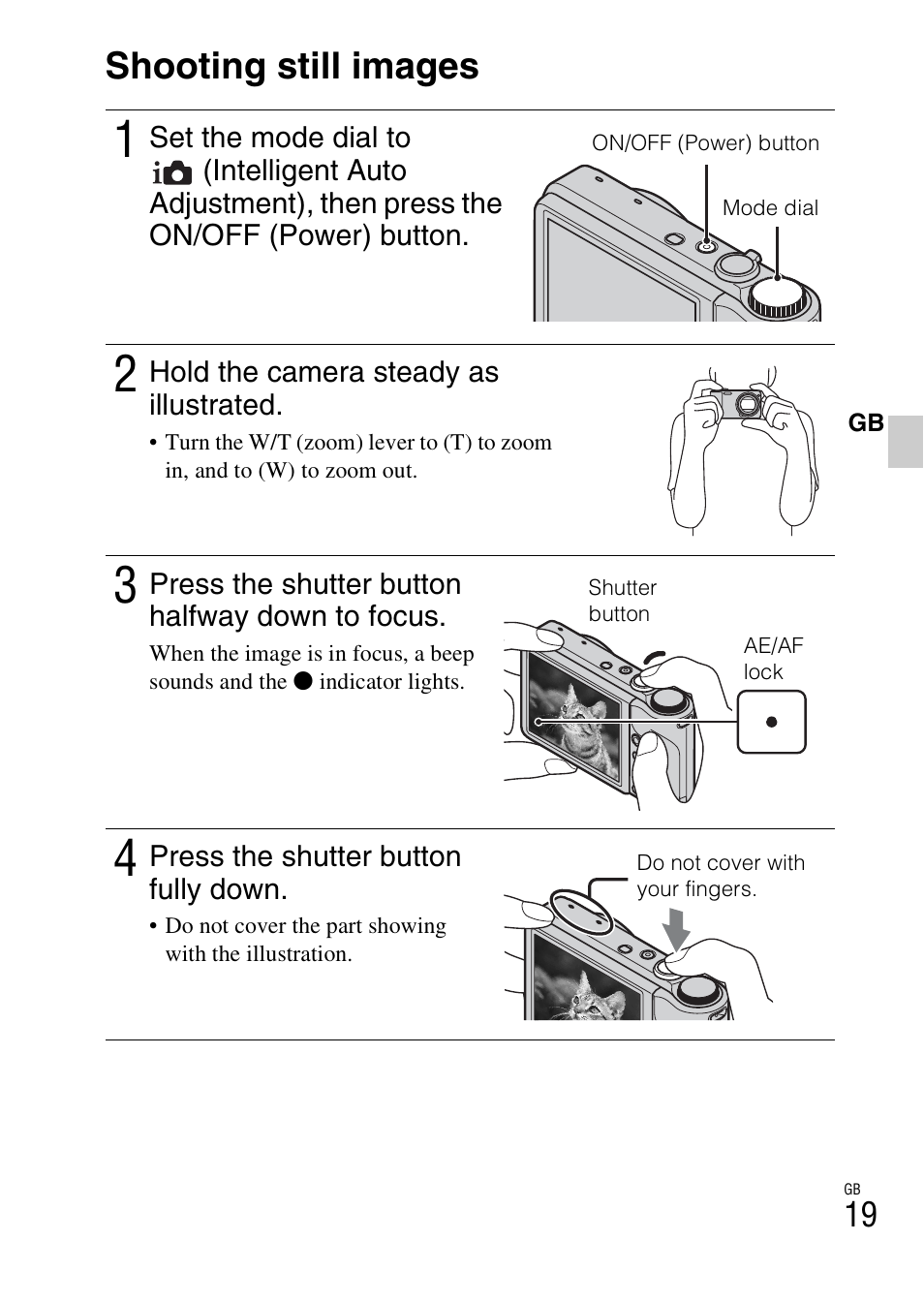 Shooting/viewing images, Shooting still images | Sony CYBER-SHOT DSC-HX5/HX5V User Manual | Page 19 / 60