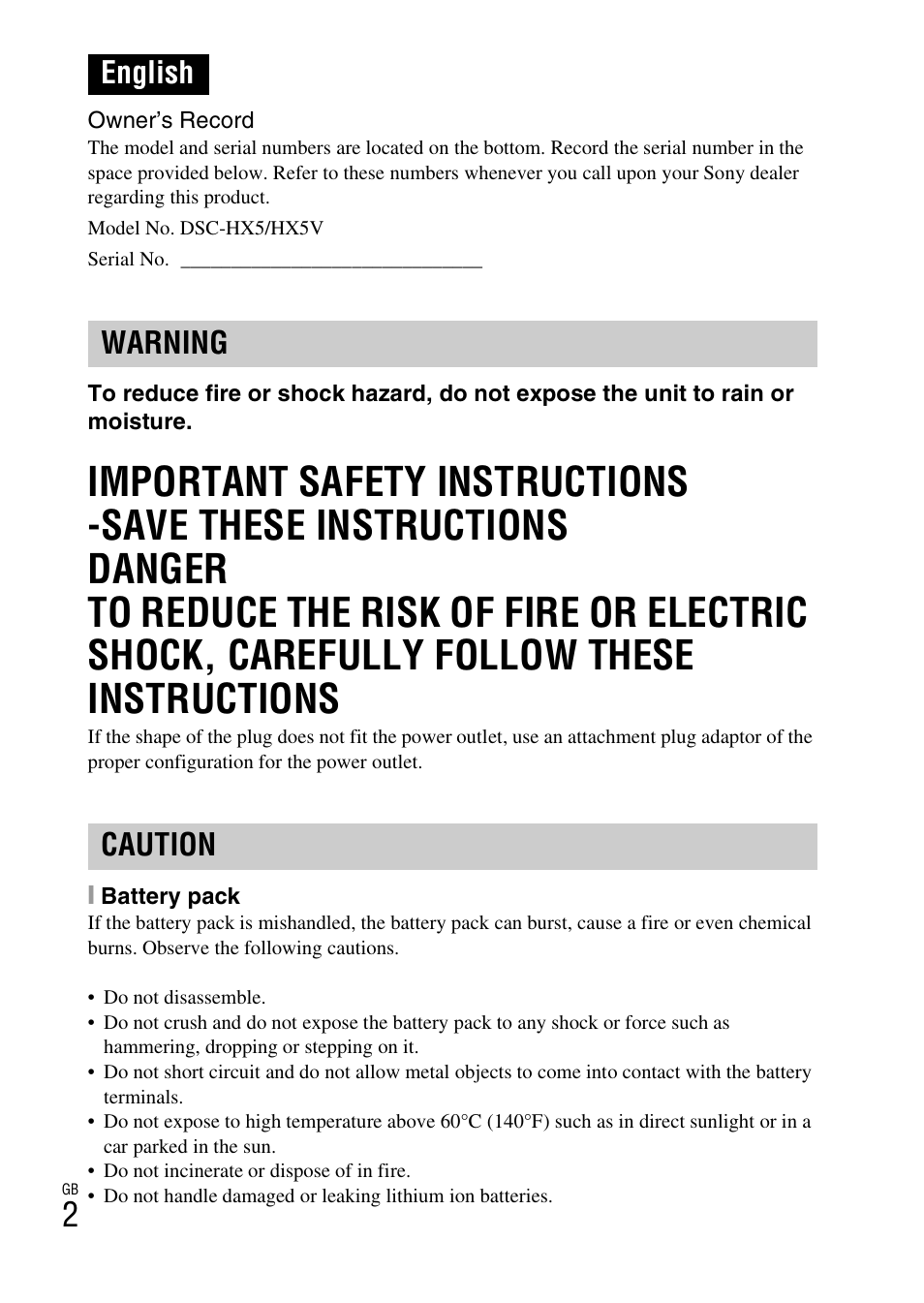 English, Important safety instructions, English warning caution | Sony CYBER-SHOT DSC-HX5/HX5V User Manual | Page 2 / 60