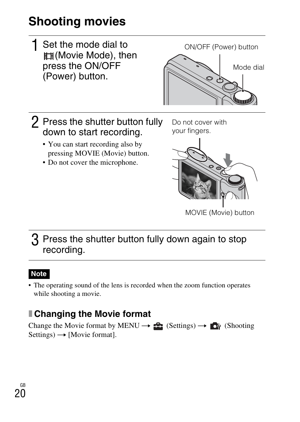 Shooting movies | Sony CYBER-SHOT DSC-HX5/HX5V User Manual | Page 20 / 60