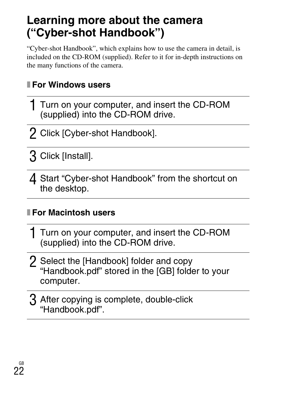 Cyber-shot handbook” (pdf) | Sony CYBER-SHOT DSC-HX5/HX5V User Manual | Page 22 / 60
