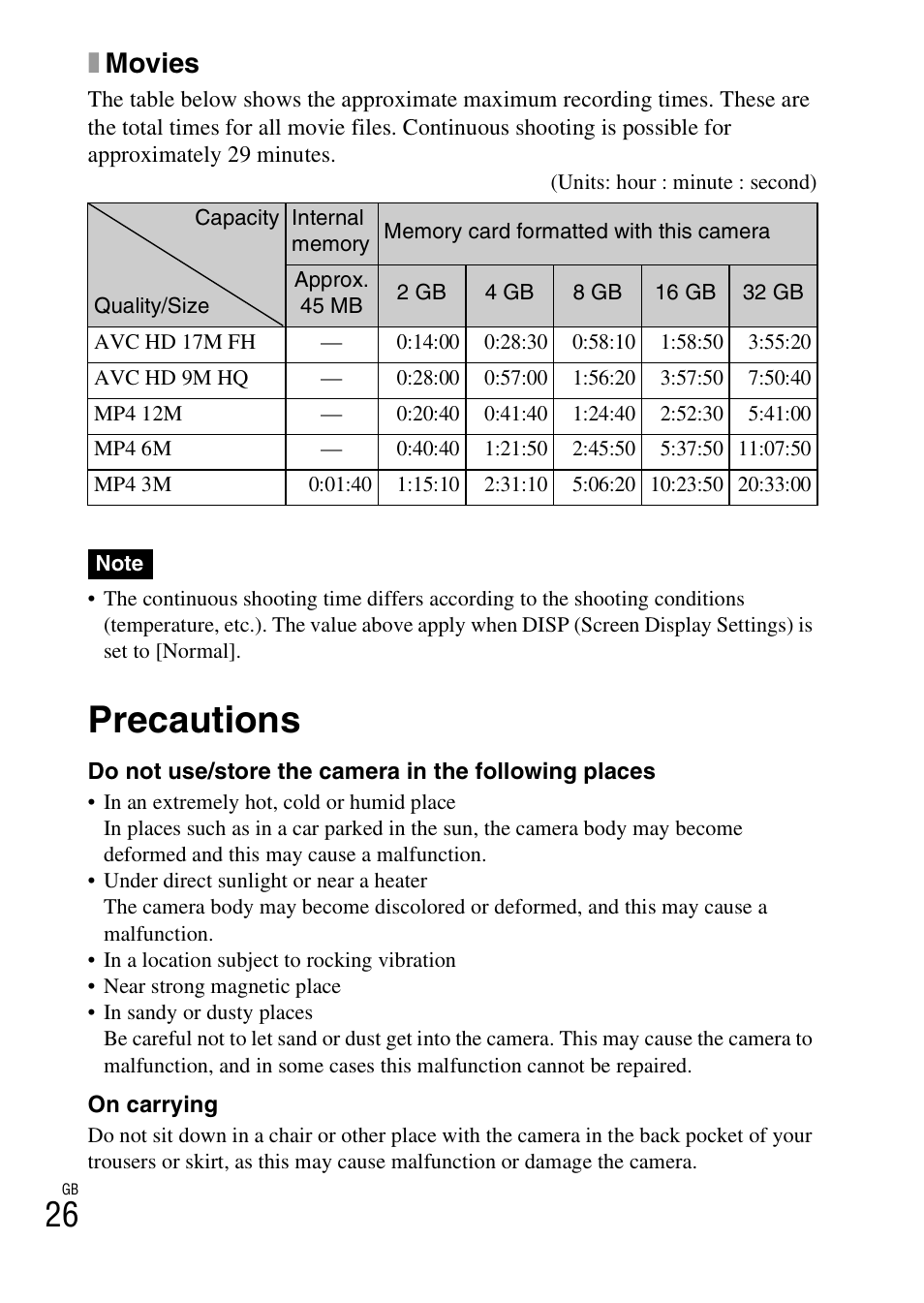 Precautions, Xmovies | Sony CYBER-SHOT DSC-HX5/HX5V User Manual | Page 26 / 60