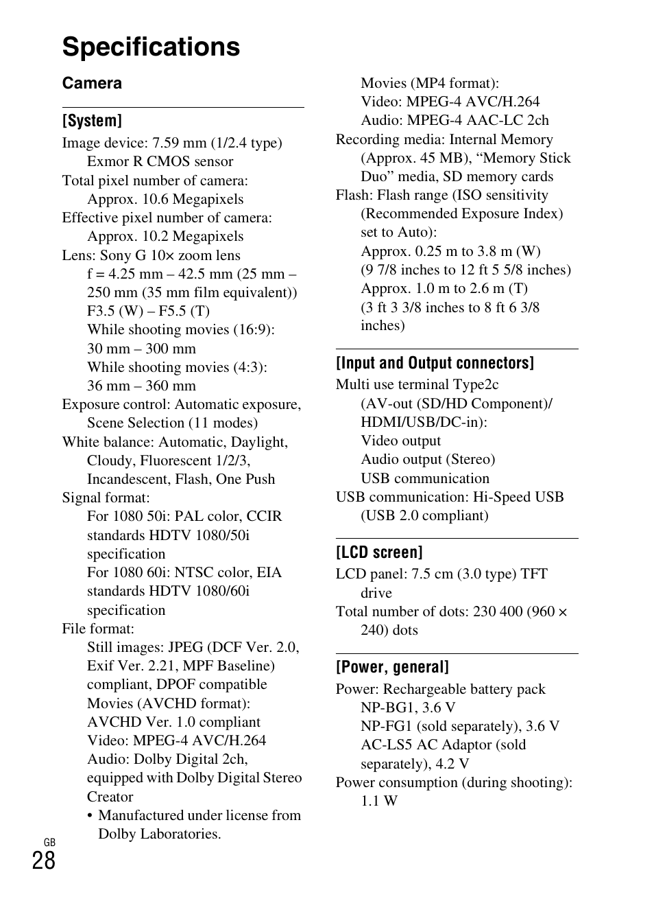Specifications | Sony CYBER-SHOT DSC-HX5/HX5V User Manual | Page 28 / 60