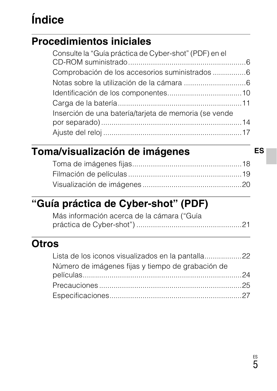 Índice, Procedimientos iniciales, Toma/visualización de imágenes | Guía práctica de cyber-shot” (pdf), Otros | Sony CYBER-SHOT DSC-HX5/HX5V User Manual | Page 35 / 60
