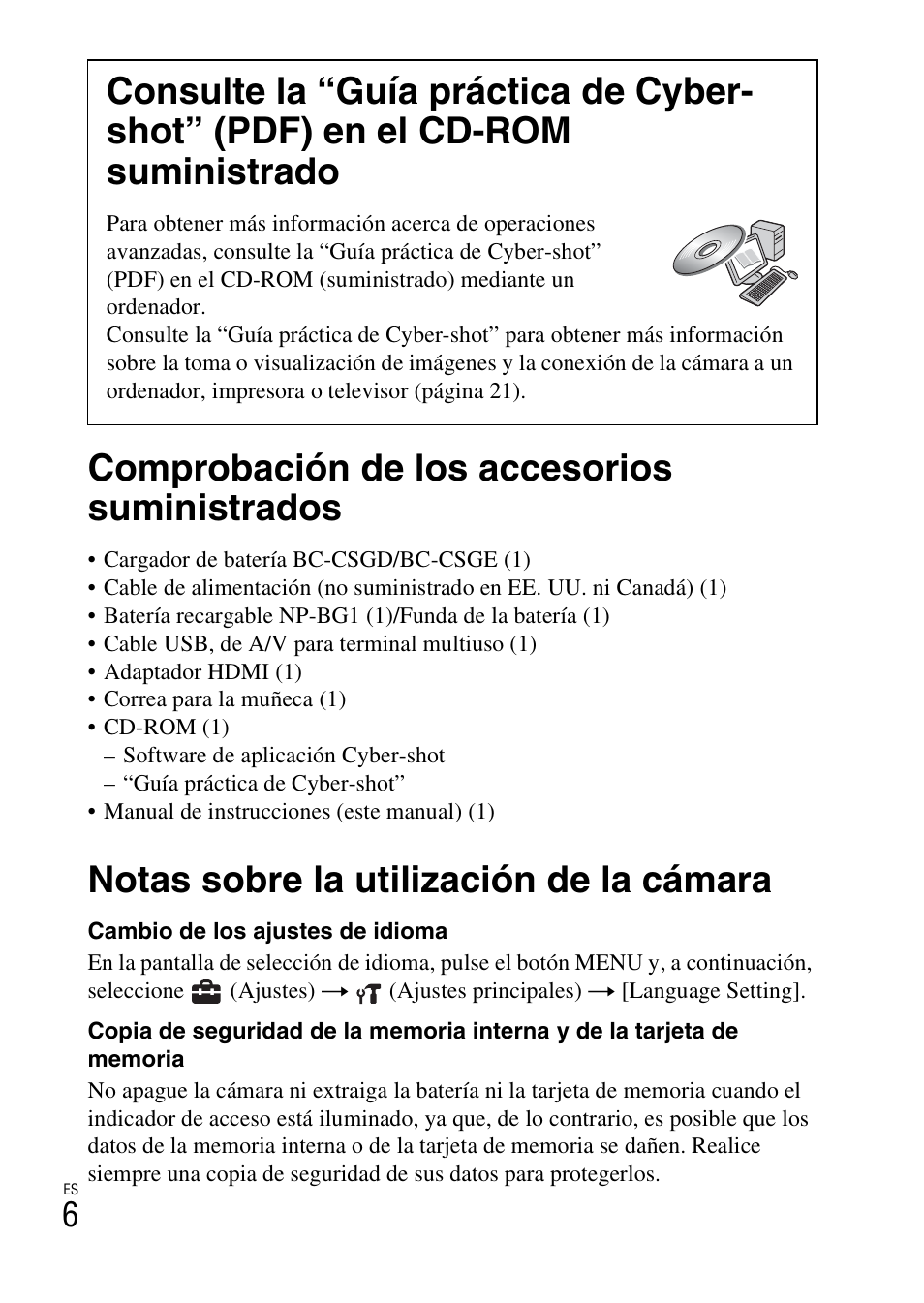 Procedimientos iniciales, Comprobación de los accesorios suministrados, Notas sobre la utilización de la cámara | Sony CYBER-SHOT DSC-HX5/HX5V User Manual | Page 36 / 60