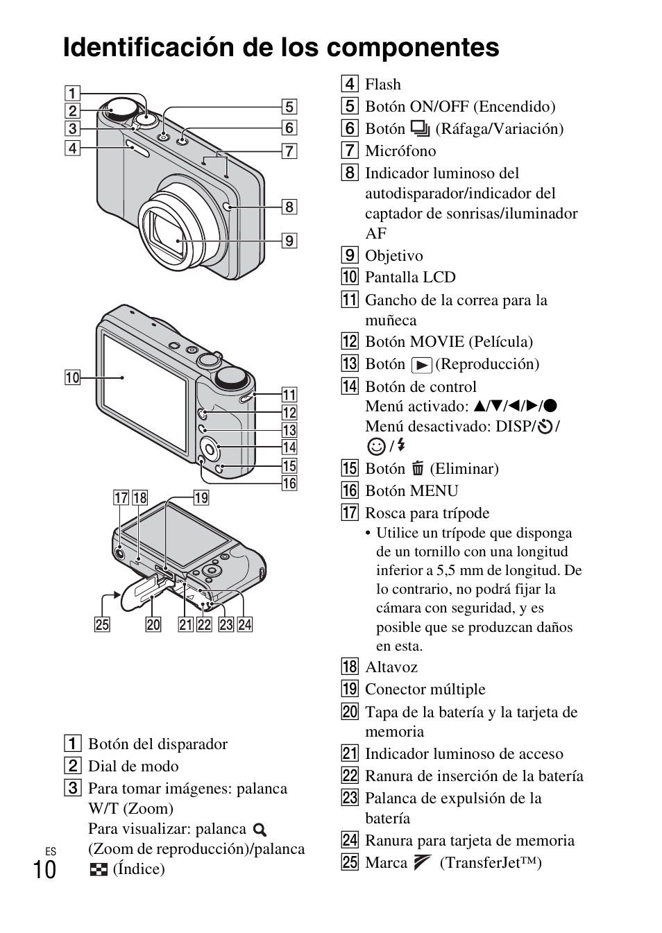 Identificación de los componentes | Sony CYBER-SHOT DSC-HX5/HX5V User Manual | Page 40 / 60