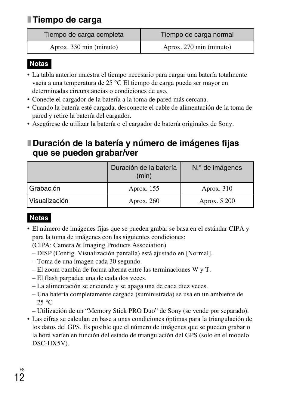 Xtiempo de carga | Sony CYBER-SHOT DSC-HX5/HX5V User Manual | Page 42 / 60