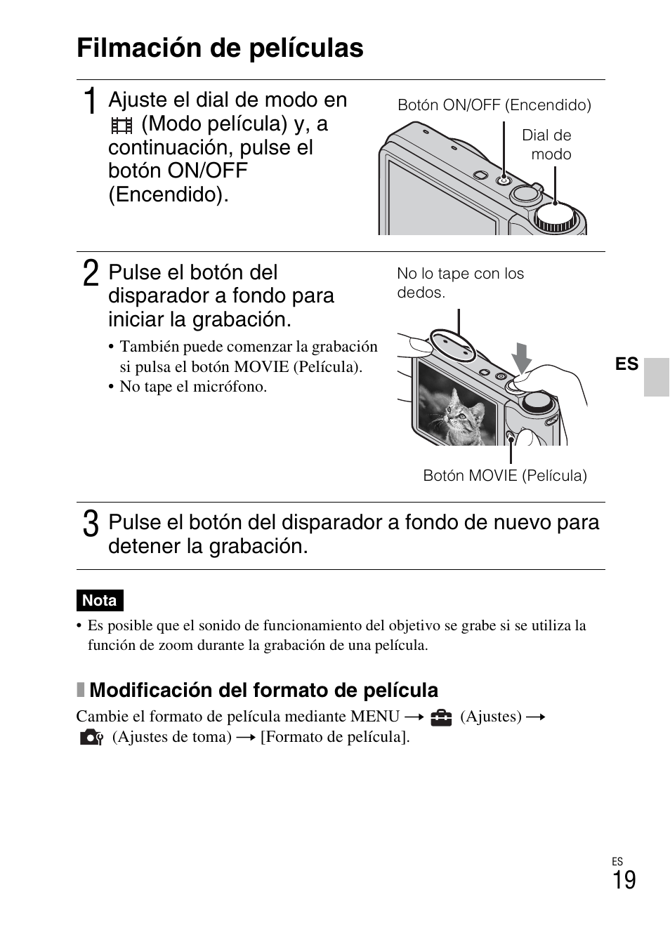 Filmación de películas | Sony CYBER-SHOT DSC-HX5/HX5V User Manual | Page 49 / 60