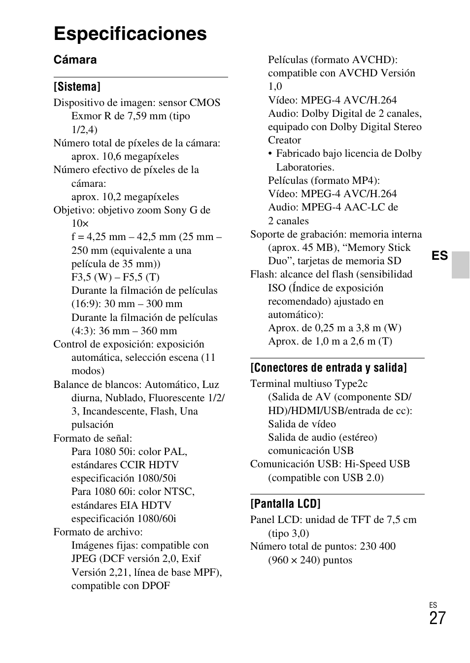 Especificaciones | Sony CYBER-SHOT DSC-HX5/HX5V User Manual | Page 57 / 60