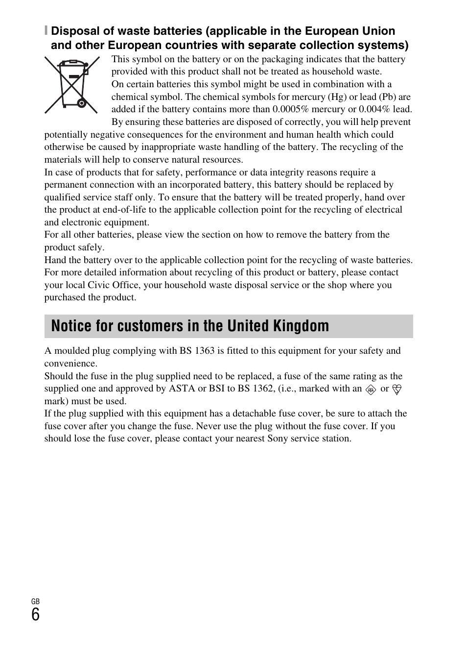 Notice for customers in the united kingdom | Sony CYBER-SHOT DSC-HX5/HX5V User Manual | Page 6 / 60