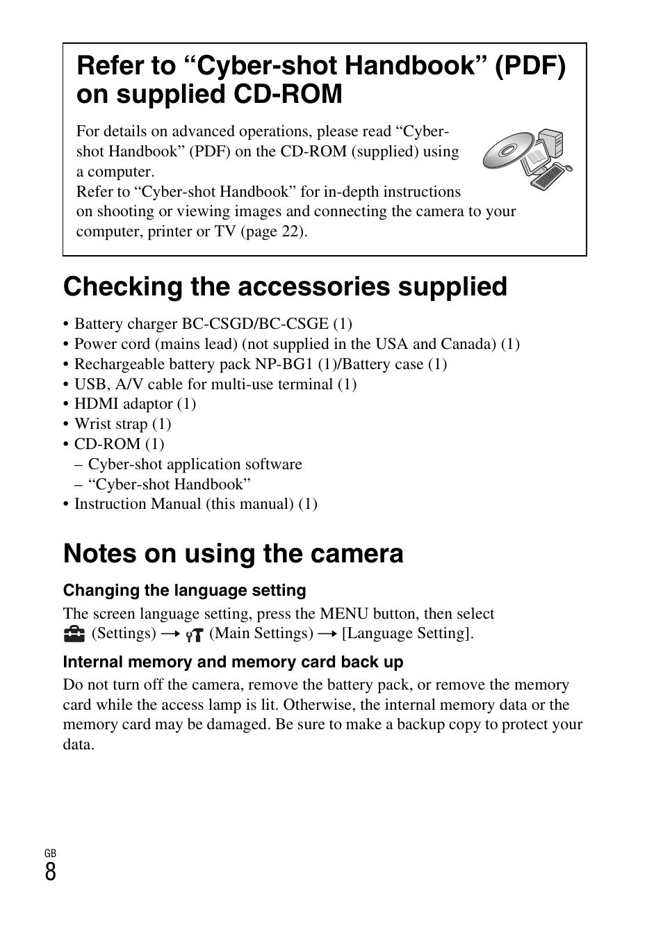 Getting started, Checking the accessories supplied, Notes on using the camera | Sony CYBER-SHOT DSC-HX5/HX5V User Manual | Page 8 / 60