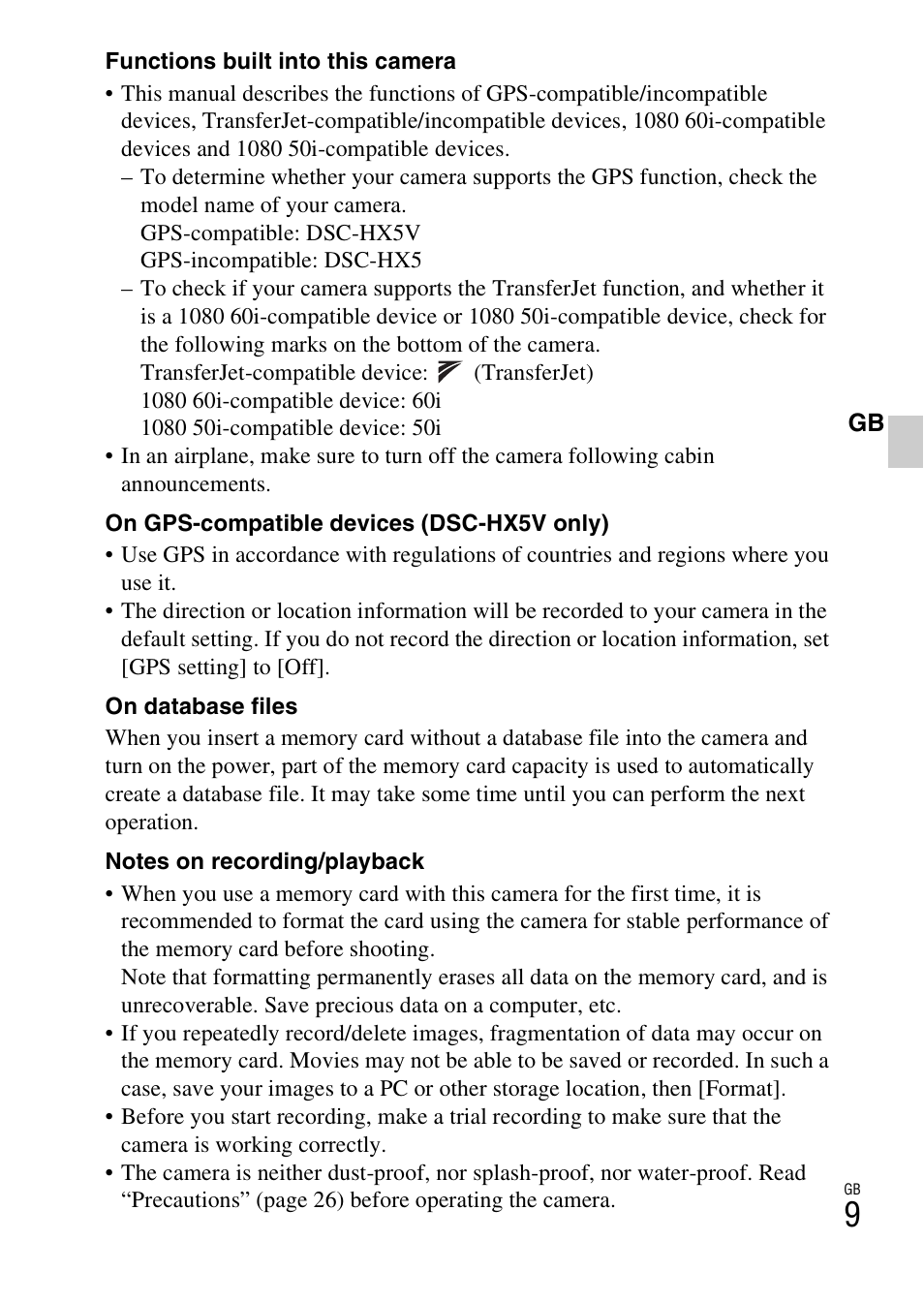 Sony CYBER-SHOT DSC-HX5/HX5V User Manual | Page 9 / 60