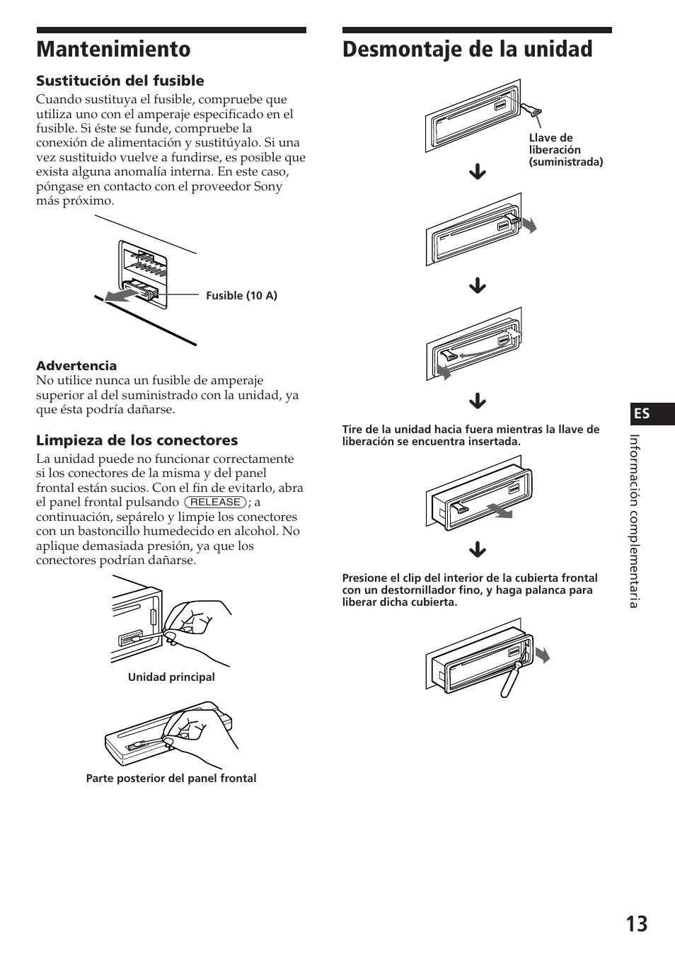 Mantenimiento, Desmontaje de la unidad | Sony CDX-3180 User Manual | Page 29 / 68