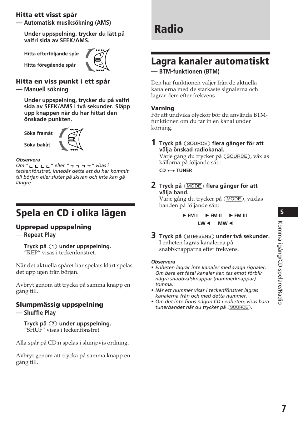 Radio, Spela en cd i olika lägen, Lagra kanaler automatiskt | Sony CDX-3180 User Manual | Page 55 / 68