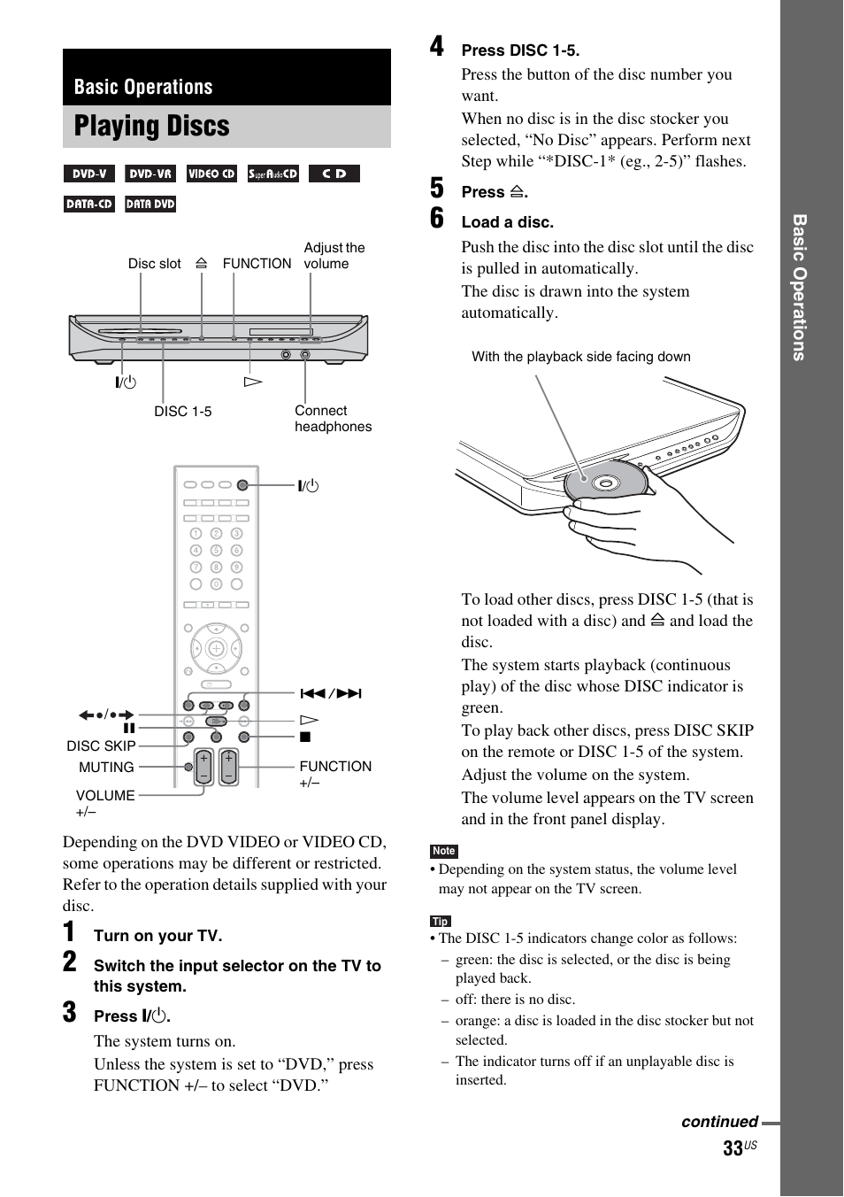 Basic operations, Playing discs | Sony DAV-FX900W User Manual | Page 33 / 112